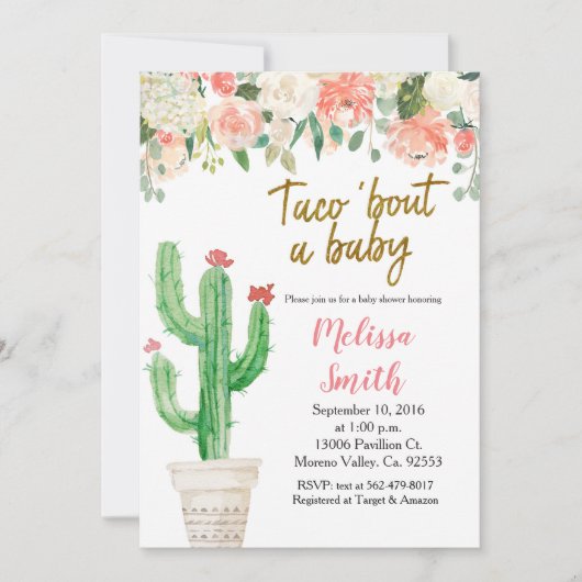 Peach Cactus floral Baby Shower Taco Bout Baby Einladung (Vorderseite)