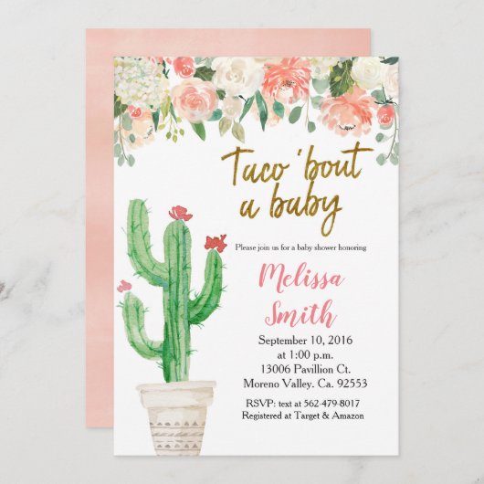 Peach Cactus floral Baby Shower Taco Bout Baby Einladung (Vorne/Hinten)