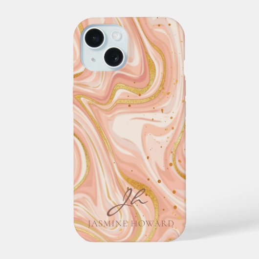 Peach Cake Marble Gold Glitzer individuell anpassb iPhone 15 Hülle (Rückseite)