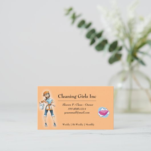 Peach Cartoon Girl House Reinigungsservice Visitenkarte (Stehend Vorderseite)