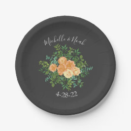 Peach & Charcoal, Gray Peony & Rose Blumenhochzeit Pappteller