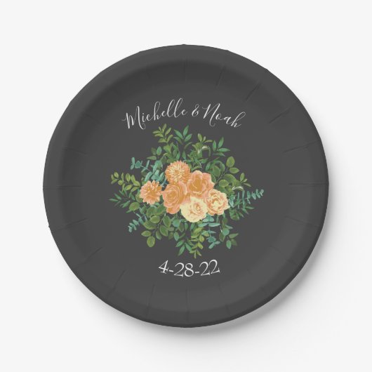 Peach & Charcoal, Gray Peony & Rose Blumenhochzeit Pappteller (Vorderseite)