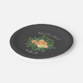 Peach & Charcoal, Gray Peony & Rose Blumenhochzeit Pappteller (Schrägansicht)