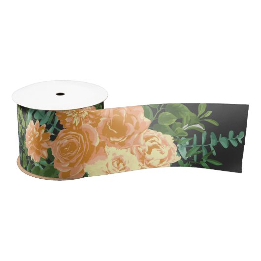 Peach & Charcoal, Gray Peony & Rose Blumenhochzeit Satinband (Spule)
