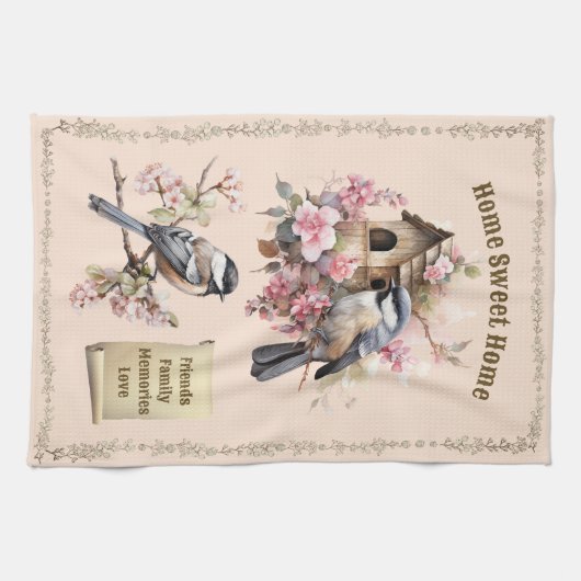 Peach Chickadee Zuhause Sweet Zuhause Geschirrtuch (Horizontal)