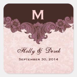 Peach Chocolate Vintage Wedding Names Date S434 Quadratischer Aufkleber