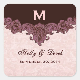 Peach Chocolate Vintage Wedding Names Date S434 Quadratischer Aufkleber