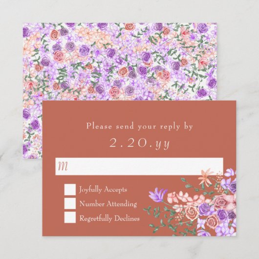 Peach, Clay, Lilac Rose Bouquet Wedding RSVP Card Karte (Vorne/Hinten)