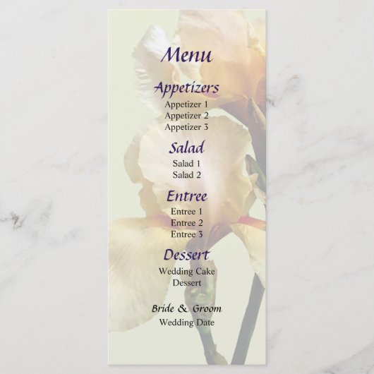 Peach Colored Irises Wedding Menu Menükarte (Vorderseite)