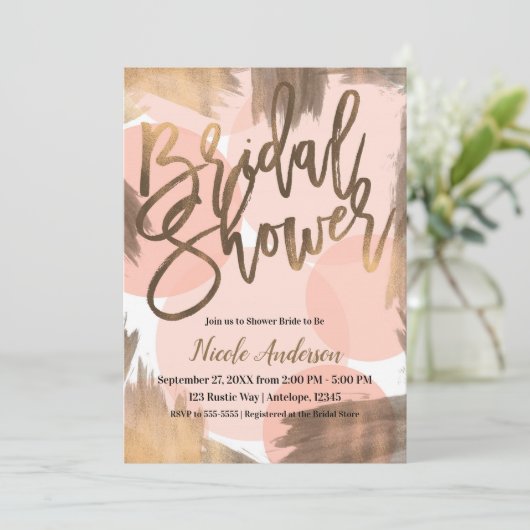 Peach & Copper Bronze Chic Modernes Brautparty Einladung (Stehend Vorderseite)