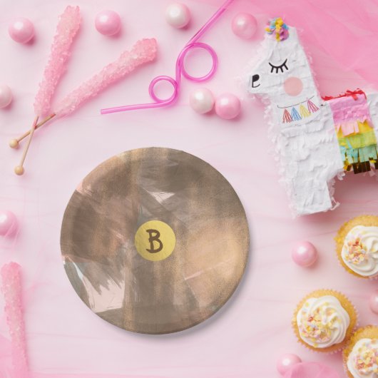 Peach & Copper Bronze Chic Modernes Monogramm Gold Pappteller (Party)