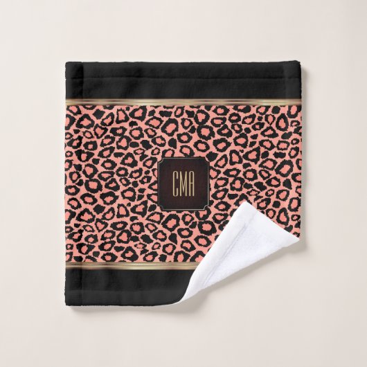 Peach Coral & Black Leopard Muster mit Monogramm Badhandtuch Set (Waschlappen)