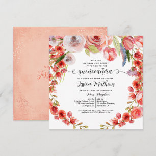 Peach Coral Floral und Glitzer Quinceañera Einladung