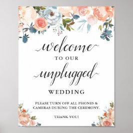 Peach Coral Floral Unplugged Wedding Ceremony Sign Poster