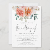 Peach Coral Peonies Floral 3 Foto QR Code Hochzeit Einladung (Vorderseite)