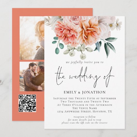 Peach Coral Peonies Floral 3 Foto QR Code Hochzeit Einladung (Vorne/Hinten)