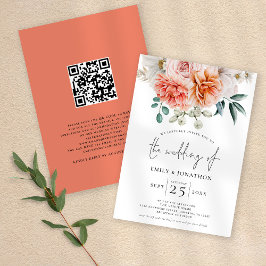 Peach Coral Peonies Florals QR Code Hochzeit Einladung