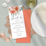 Peach Coral Peonies Florals Wedding Menükarte<br><div class="desc">Peach Koral Peonies Florals Hochzeit. Die Blume sind in einem eleganten Menu-Skript zusammengefasst und die Erholung des Textes ganz nach Ihren Wünschen zu gestalten.</div>