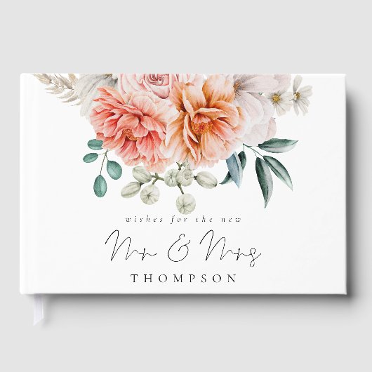 Peach Coral Peonies Florals wünscht neue Frau Gästebuch (Vorderseite)