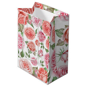 Peach Coral Pink Roses Grüne Blätter Gastgeschenk Mittlere Geschenktüte
