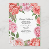 Peach Coral Pink Roses Grüne Blätter Hochzeit Einladung (Vorne/Hinten)