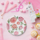 Peach Coral Pink Roses Grüne Blätter Shabby Chic Pappteller (Party)