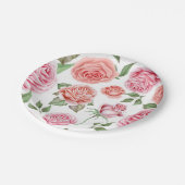 Peach Coral Pink Roses Grüne Blätter Shabby Chic Pappteller (Schrägansicht)