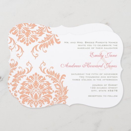 Peach Coral Rose Gold Damask Einladung (Vorne/Hinten)