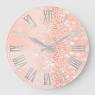 Peach Coral Silver Glitzer Grau römische Zahlen Große Wanduhr