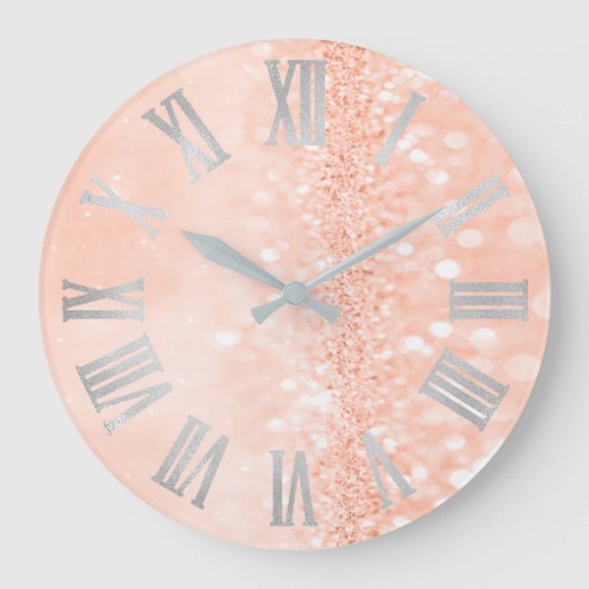 Peach Coral Silver Glitzer Grau römische Zahlen Große Wanduhr (Vorderseite)