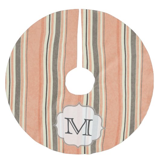Peach Coral Stripes Monogram, Initial Tree Skirt Polyester Weihnachtsbaumdecke (Vorderseite)