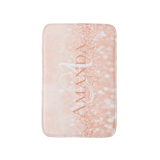 Peach Coral White Pastell Glitzer Name Monogram Badematte (Vorderseite Vertikal)