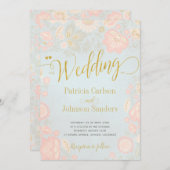 Peach Cream and Blue Spring Gold Script Wedding Einladung (Vorne/Hinten)