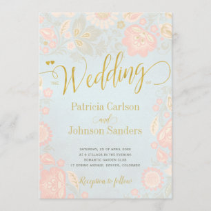 Peach Cream and Blue Spring Gold Script Wedding Einladung
