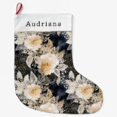 Peach Cream Black Floral Christmas Großer Weihnachtsstrumpf (Vorderseite)