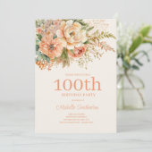 Peach Cream Floral 100. Geburtstag Einladung (Stehend Vorderseite)