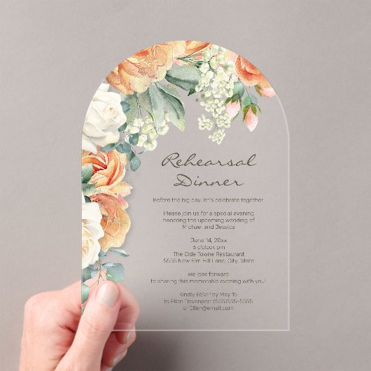 Peach Cream Floral Grüne Probe Abendessen Acryleinladungen (Insitu (Handheld))