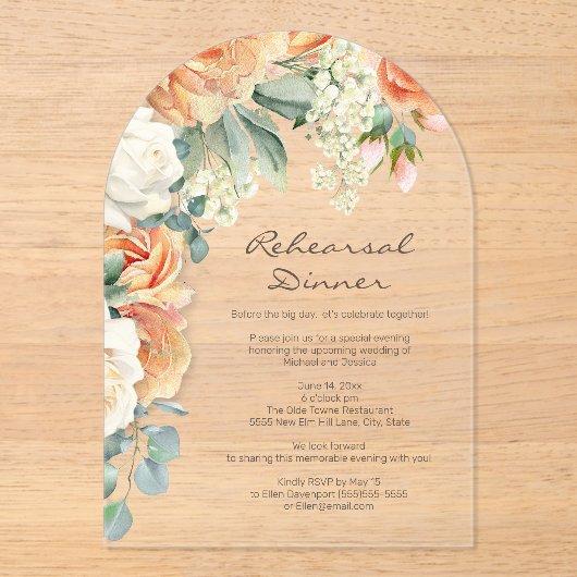 Peach Cream Floral Grüne Probe Abendessen Acryleinladungen (Vorderseite)