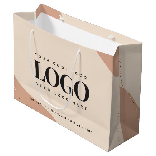Peach Cream Gold Dots Custom Logo Große Geschenkta Geschenktüte (Vorderseite Schrägansicht)