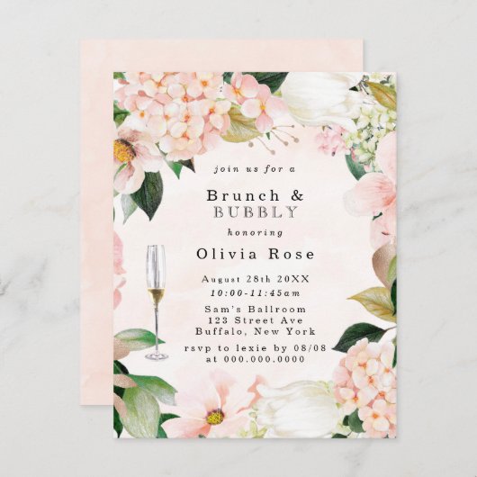 Peach Cream Hydrangeas Brunch & Bubbly Einladung (Vorne/Hinten)