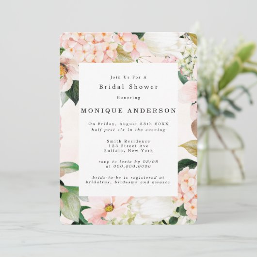 Peach Cream Hydrangeas Tulip Brautparty Einladung (Stehend Vorderseite)