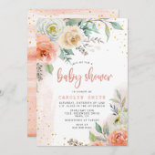 Peach Cream White Roses Floral Gold Baby Dusche Einladung (Vorne/Hinten)
