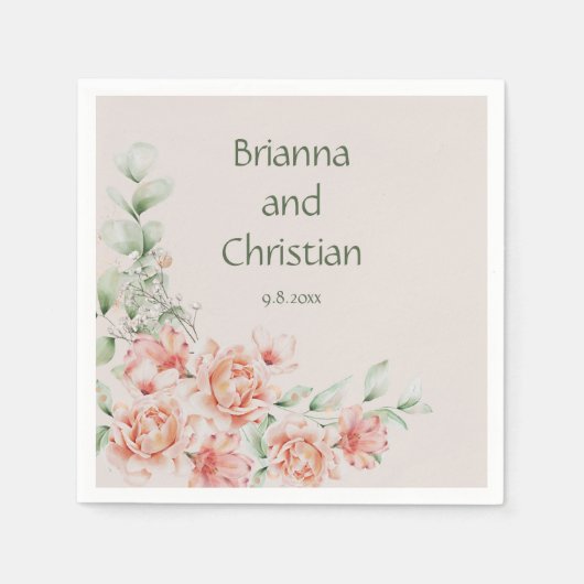 Peach Creme and Sage Green Romantic Floral Garden Serviette (Vorderseite)