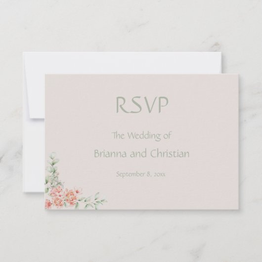 Peach Creme and Sage Green Romantic Floral RSVP Karte (Vorderseite)