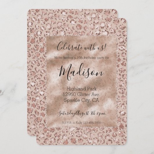 Peach Creme Blush Leopard Print Glitzer Einladung (Vorne/Hinten)