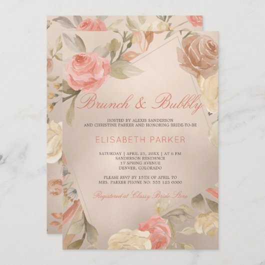 Peach Creme Imitats Gold Forelle Brunch & Bubbly Einladung (Vorne/Hinten)