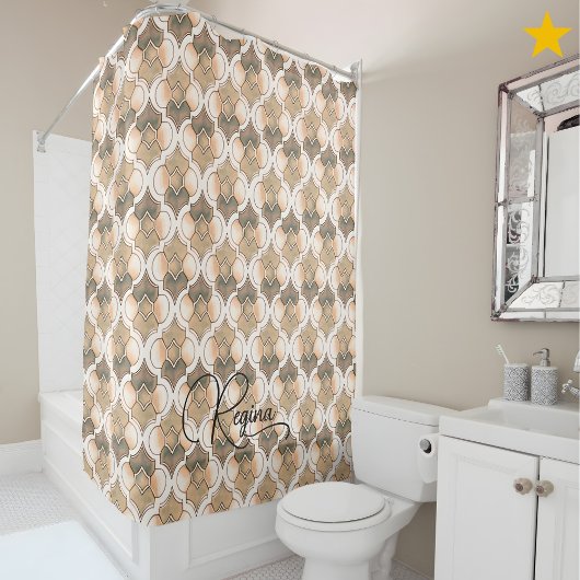 Peach Custom Name Watercolor Geometric Pattern Duschvorhang