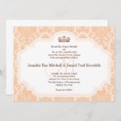 Peach Damask Chocolate Brown Wedding Wording Einladung (Vorne/Hinten)