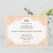 Peach Damask Chocolate Brown Wedding Wording Einladung (Stehend Vorderseite)