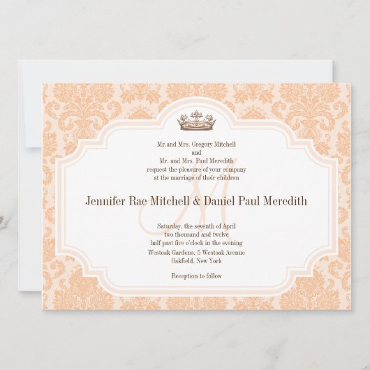 Peach Damask Chocolate Brown Wedding Wording Einladung (Vorderseite)